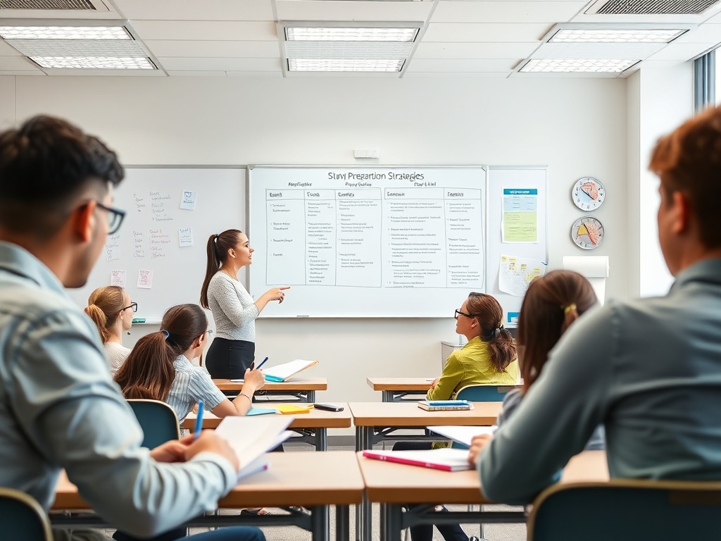 В классе учитель объясняет стратегии подготовки к экзаменам, ученики внимательно слушают.