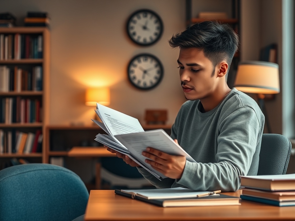 Молодой человек читает документы за столом в уютной библиотеке с книгами и часами на стене.