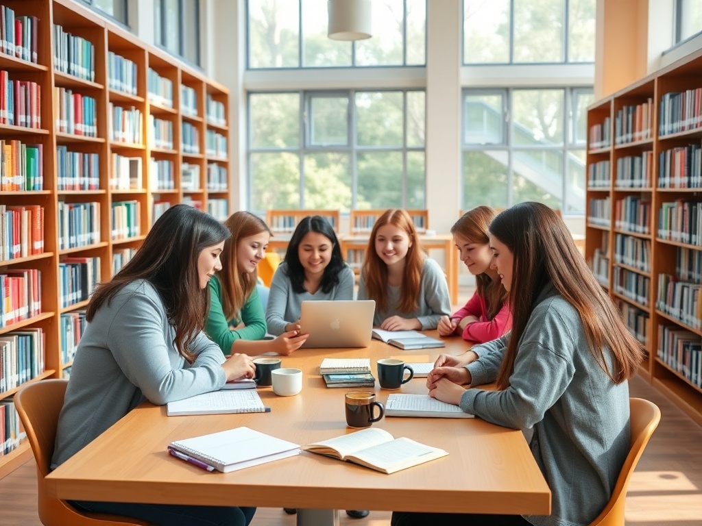 Шесть девушек учатся в библиотеке, обсуждая за столом свои заметки и смотря на ноутбук.