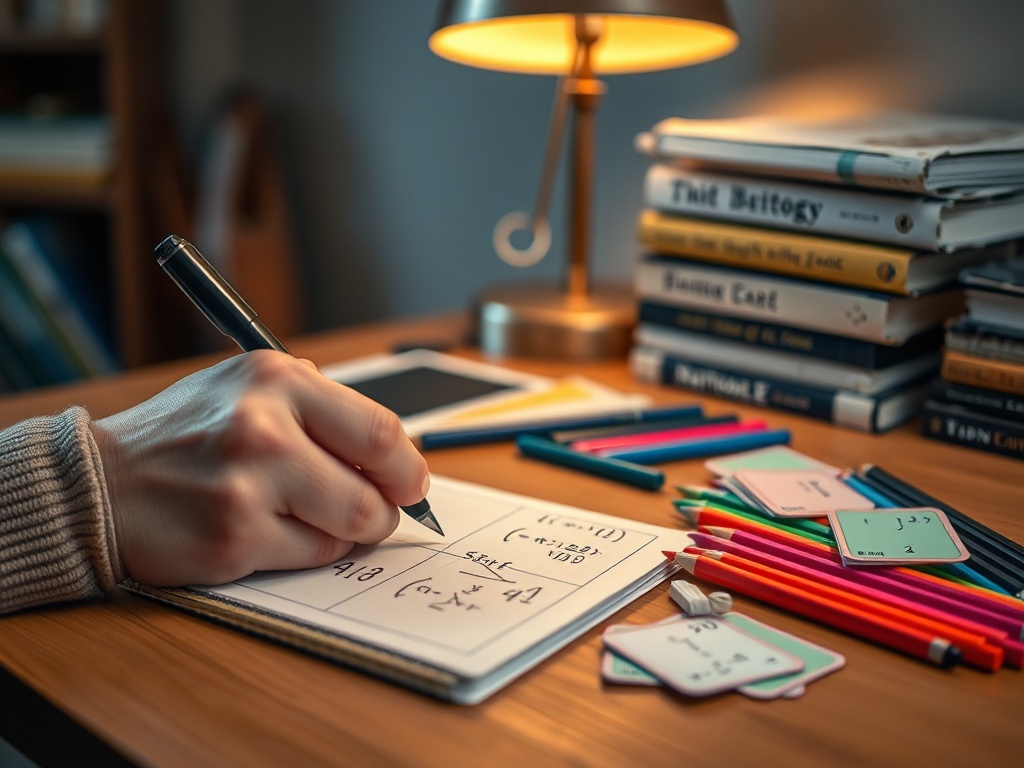На столе лежат книги, цветные ручки и блокнот, на котором кто-то решает математическую задачу.