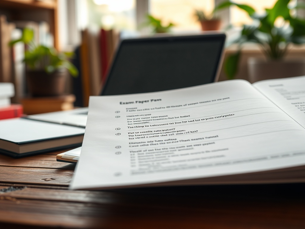 На столе лежит экзаменационный лист с вопросами; на фоне книги и растений в горшках.