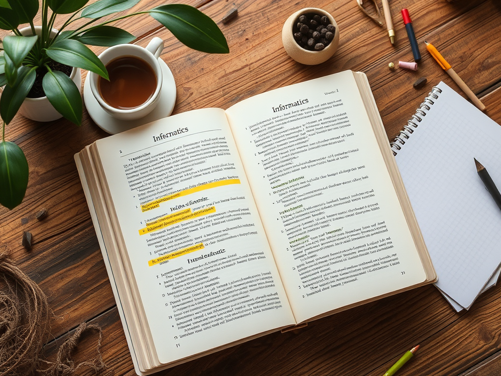 На столе лежит открытая книга по информатике, рядом чашка кофе и растение в горшке.