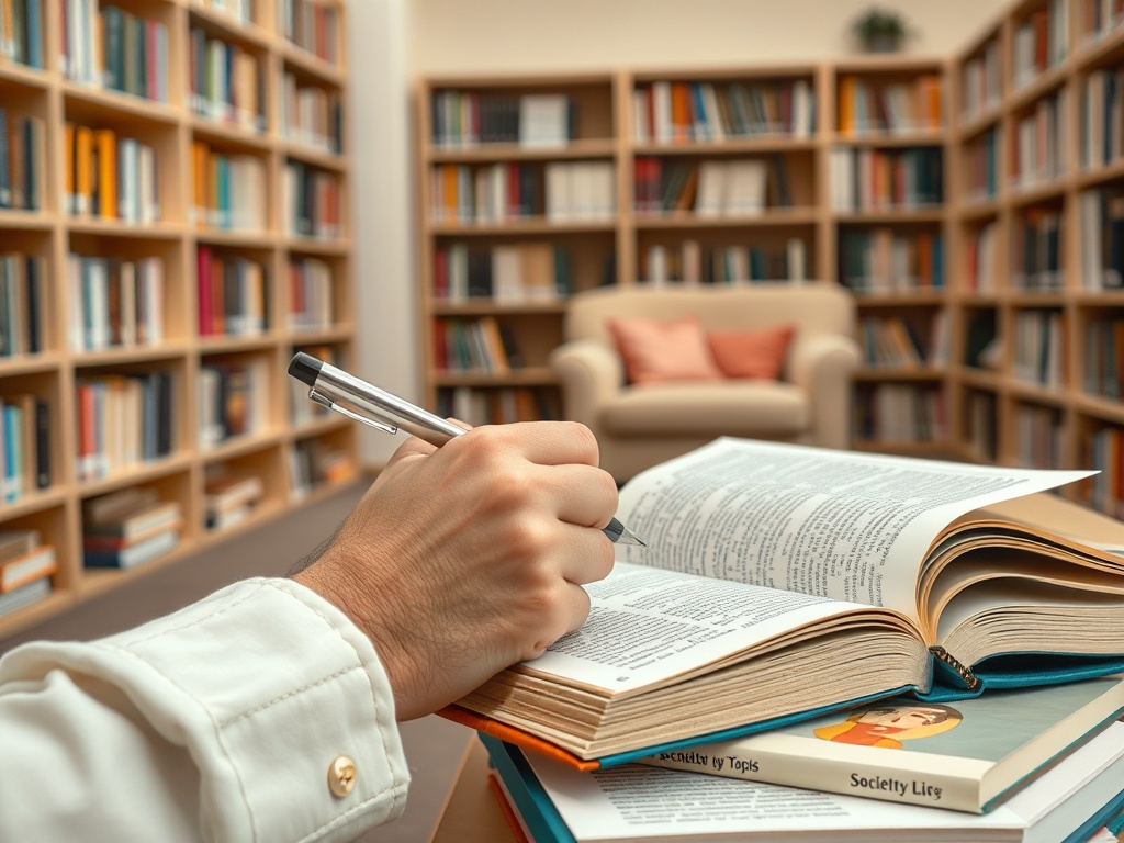 Рука с ручкой, пишущей на открытой книге, на фоне книжных полок и уютного кресла.