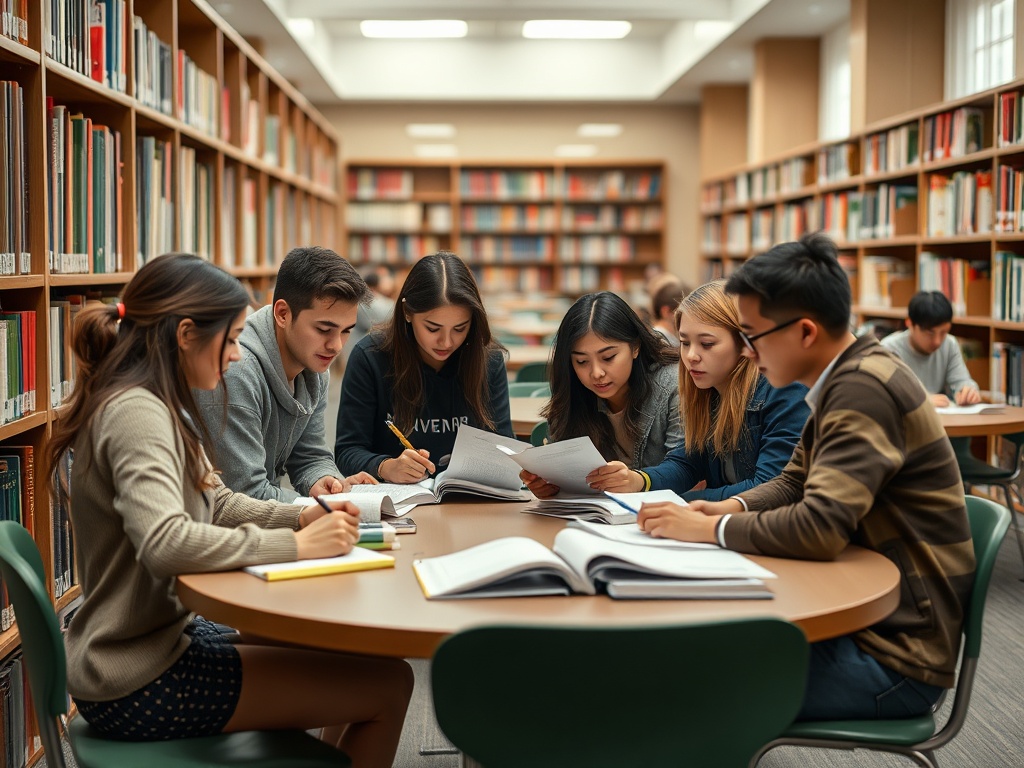 Группа студентов учится в библиотеке, обсуждая материалы и записывая заметки за круглым столом.