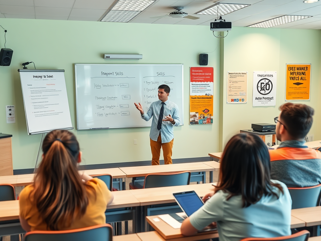 Преподаватель объясняет навыки в учебном классе, студенты слушают и делают заметки.