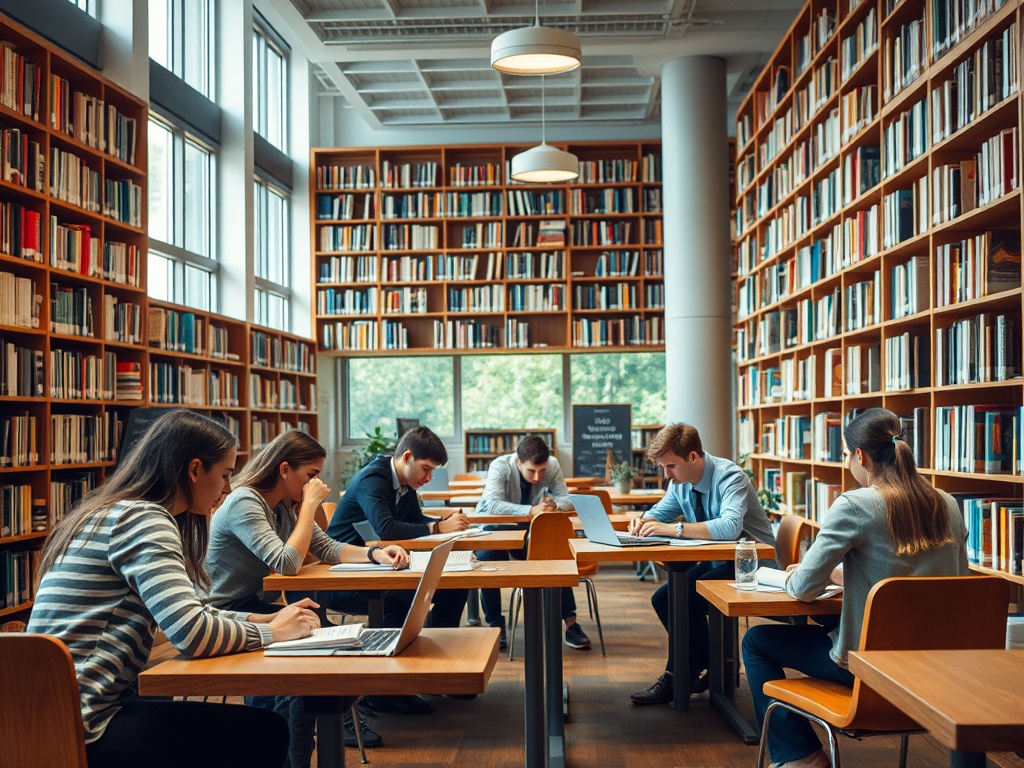 Студенты учатся в библиотеке за столами, окруженные полками с книгами и солнечным светом.