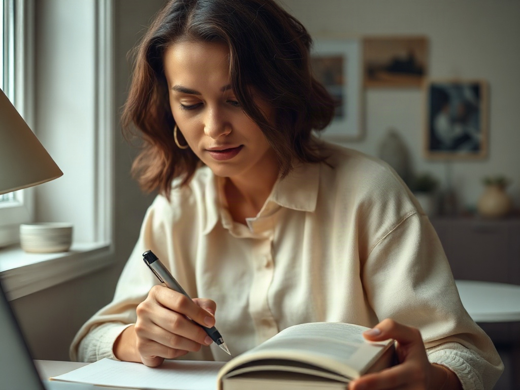 Девушка с ручкой в руках читает книгу и делает записи на столе у окна. Комната оформлена уютно.