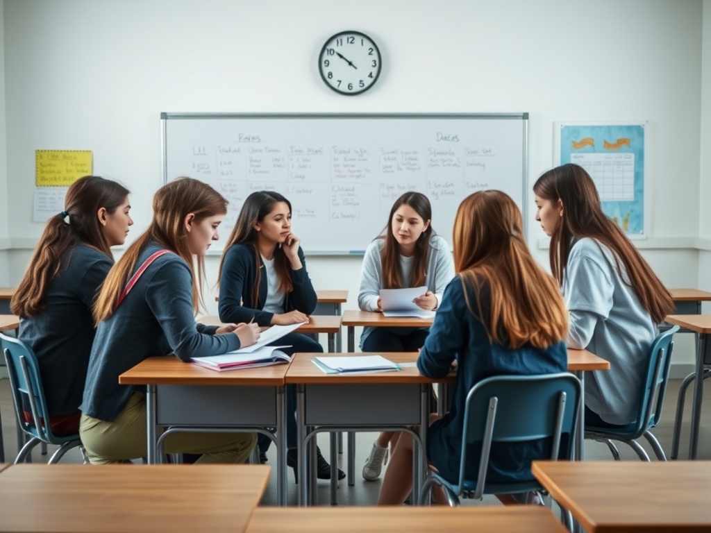 Группа подростков обсуждает проекты за столом в classroom. На стене видно расписание и заметки.