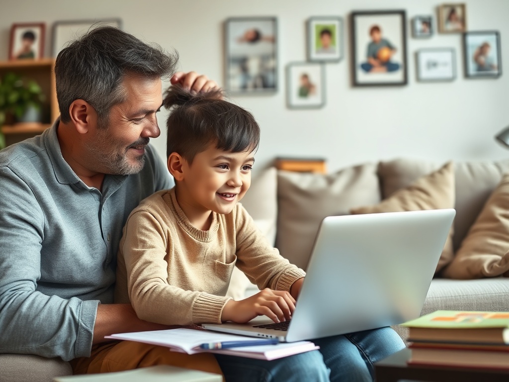 Дедушка и внук улыбаются, сидя на диване и работая на ноутбуке. Вокруг много фотографий.