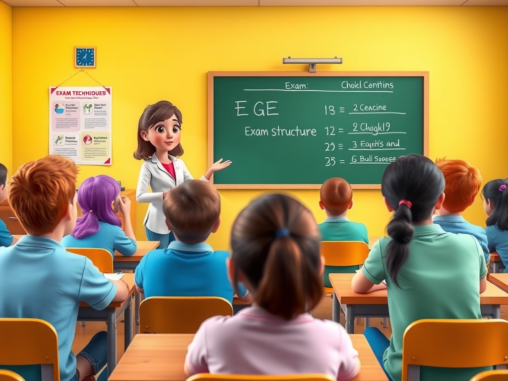 В классе ученики слушают учителя, который объясняет структуру экзамена на доске.