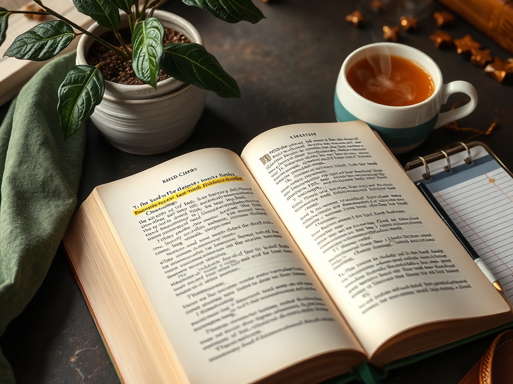 На столе открытая книга с выделенным текстом, рядом растение, чашка чая и блокнот с ручкой.