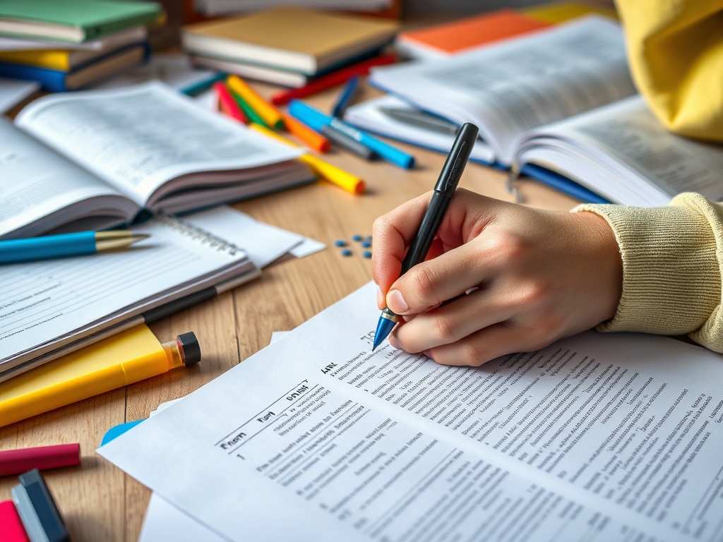 На столе разбросаны книги и канцелярские принадлежности, рука заполняет документ с помощью ручки.